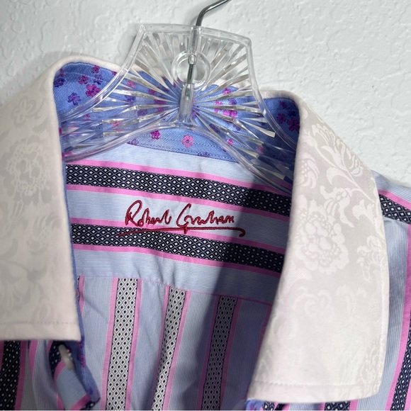 Robert Graham Shirt Mens 43 17 XL Blue Pink Striped Flip Cuff Button Up - Picture 2 of 9